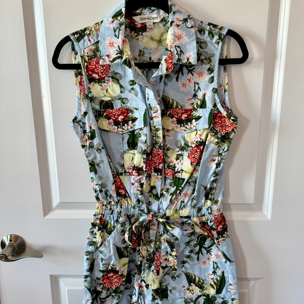 Floral, collared, button-front romper